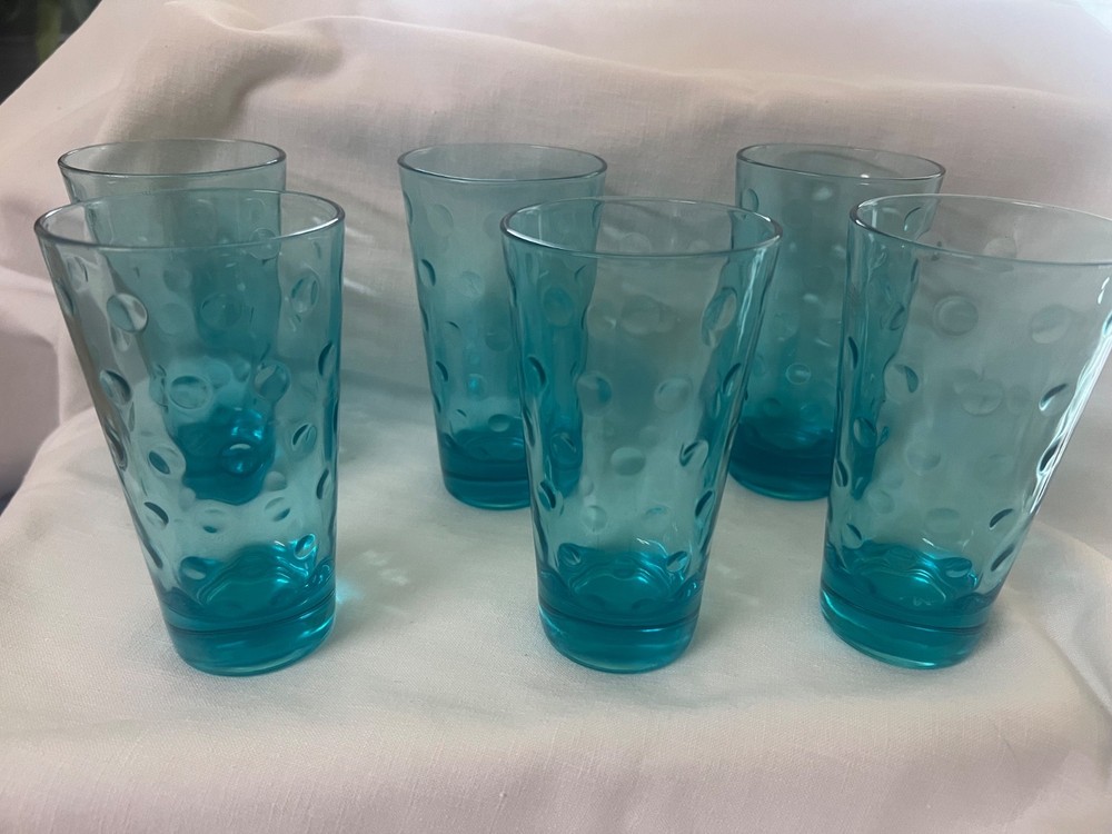 Set Of 6 Retro Hazel Atlas Capri Dots Glass Tumblers 5 1/4” Blue 10oz FREE SHIP