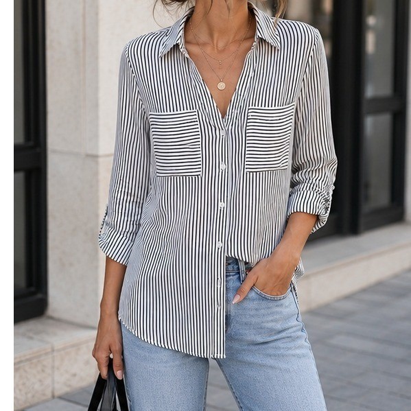 Express The Portofino Shirt Slim Fit Black White Striped Button Up Blouse Medium