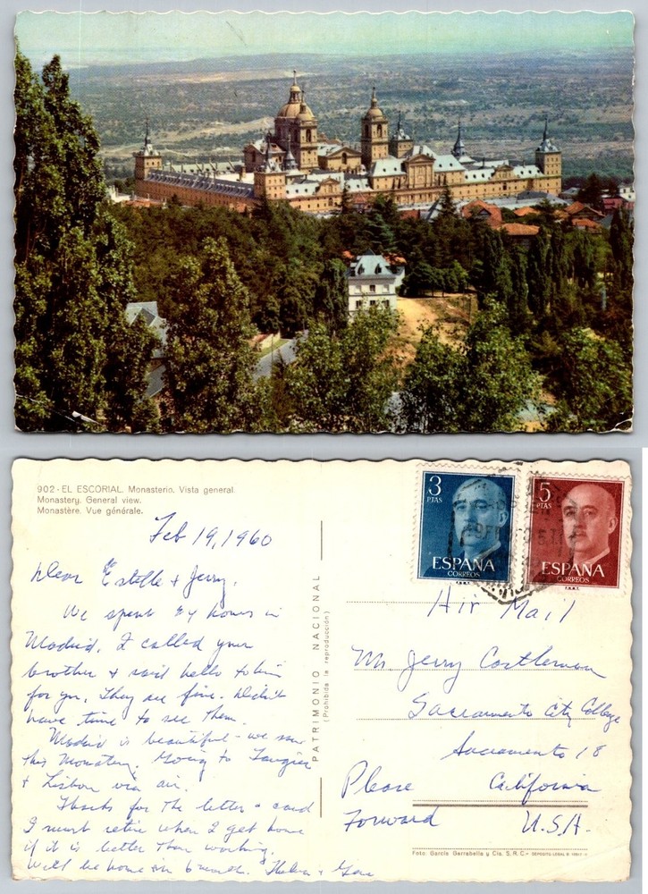 El Escorial Monastery Spain Postcard 1960 Madrid Landmark Vintage