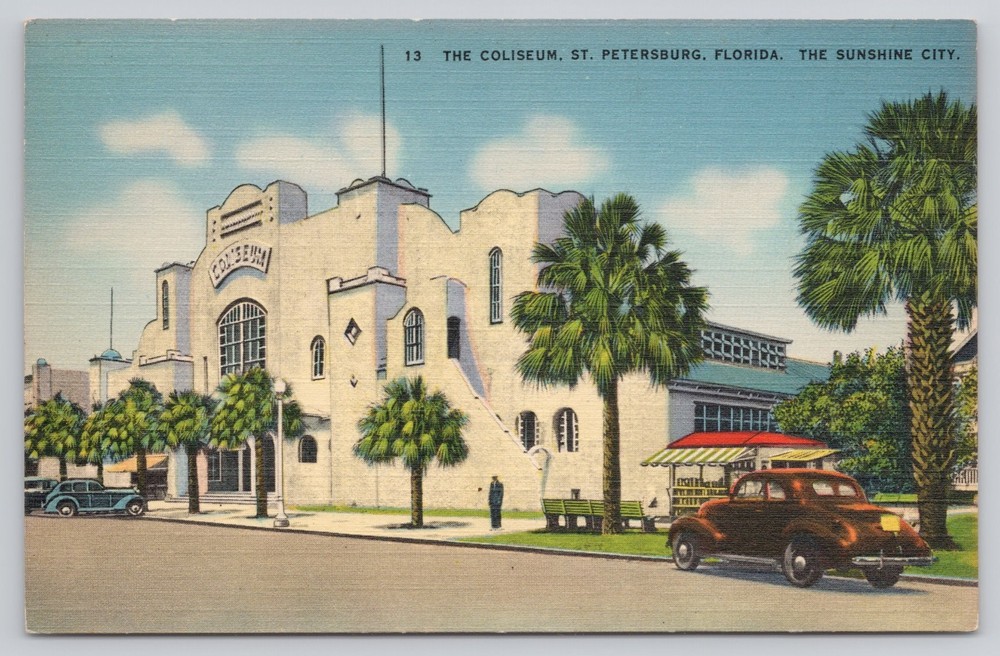 The Coliseum St. Petersburg FL Florida Old Car Vintage Linen Postcard