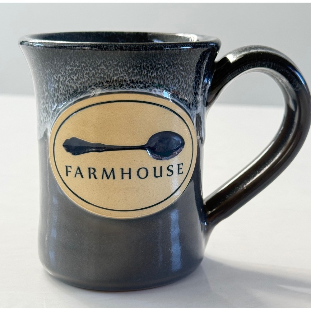 Deneen Pottery Farmhouse Coffee Mug Gray Blue Drip Glaze USA Handmade