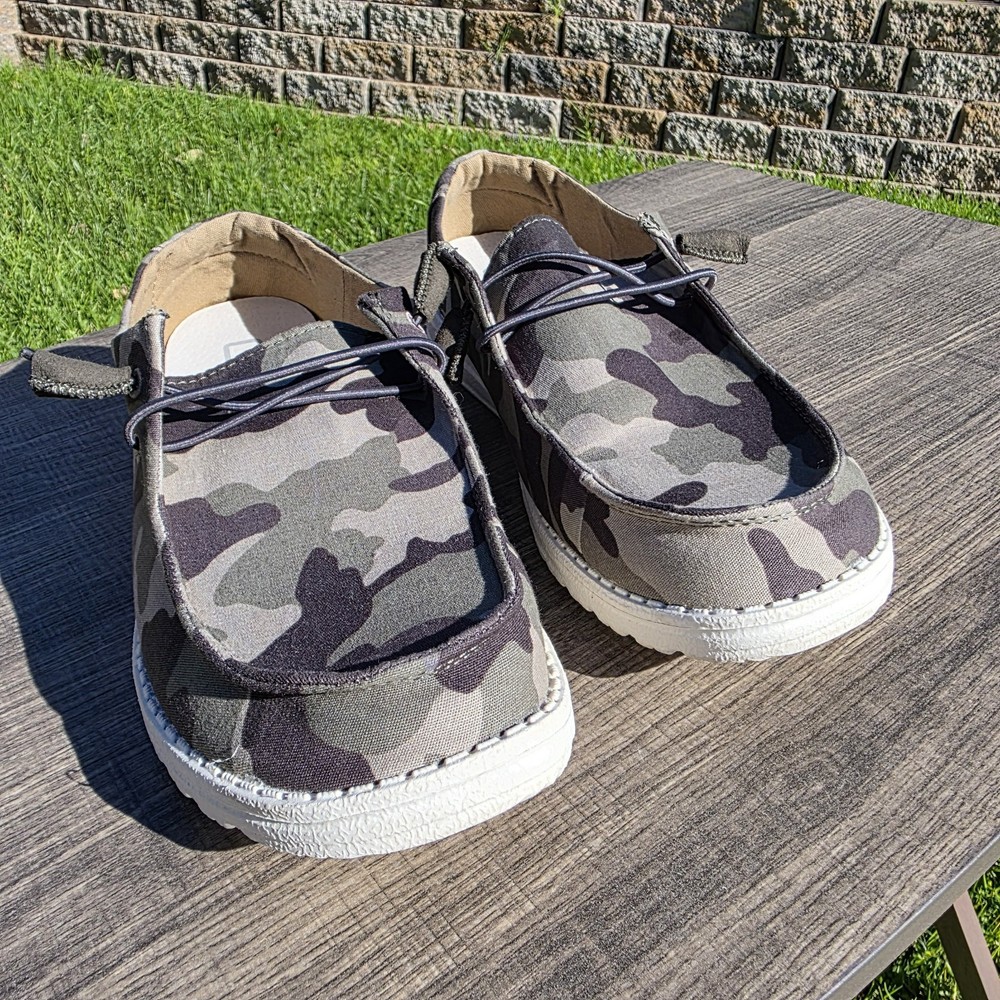 Hey Dude Wendy Camo Green Gray Women's Size 10 Slip On Loafer Shoes