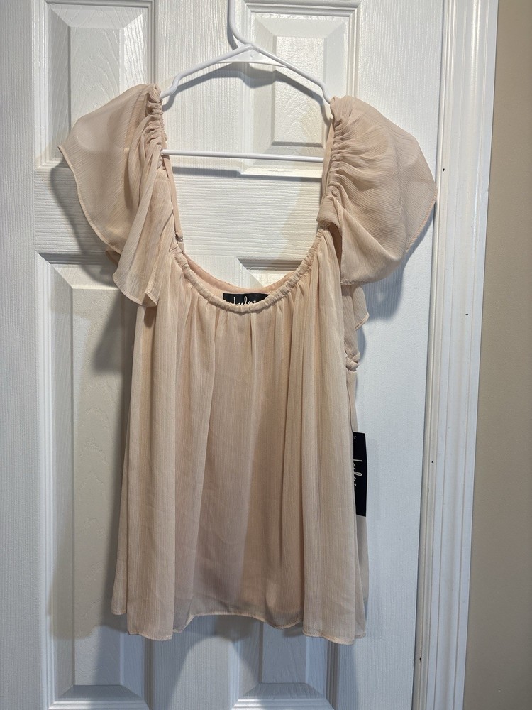 Lulus Blush Pink Ruffle Sleeve Chiffon Blouse Size L NWT Flowy Romantic Top