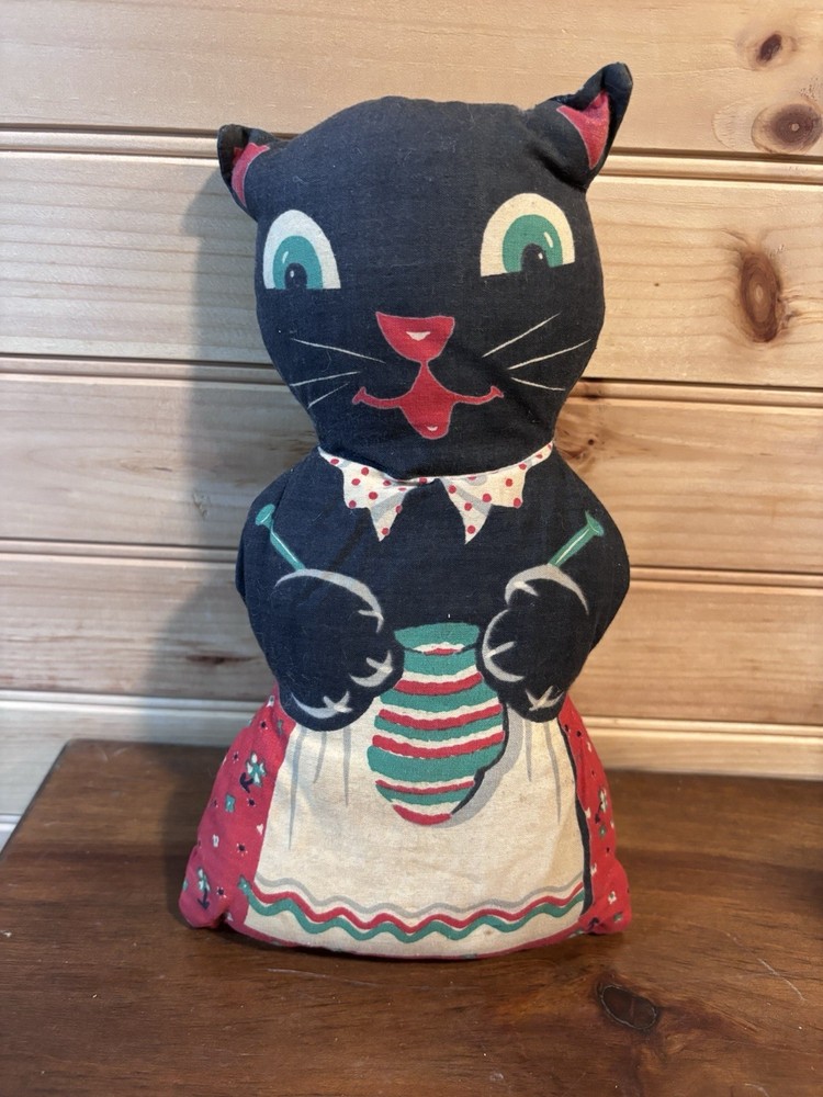 Rare Vintage Black Cat Rag Doll, Printed Cotton, Hand sewn, Am., Circa 1930-40s