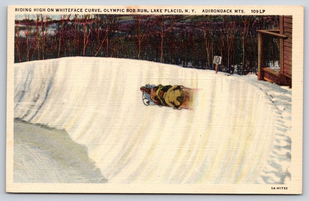 Lake Placid New York~Whiteface Curve~Olympic Bob-Run Sled Scene~Linen Postcard