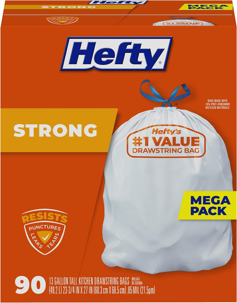 Strong Tall Kitchen Trash Bags, Unscented, 13 Gallon, 90 Count, White