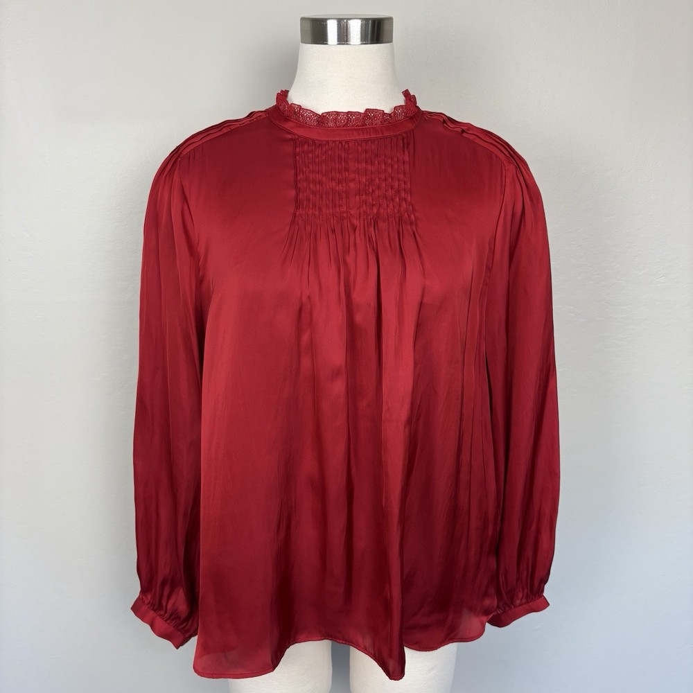 J. Crew Ruffle Neck Drapey Top NWT Size XL Red Satin Puff Sleeves Holidays Party