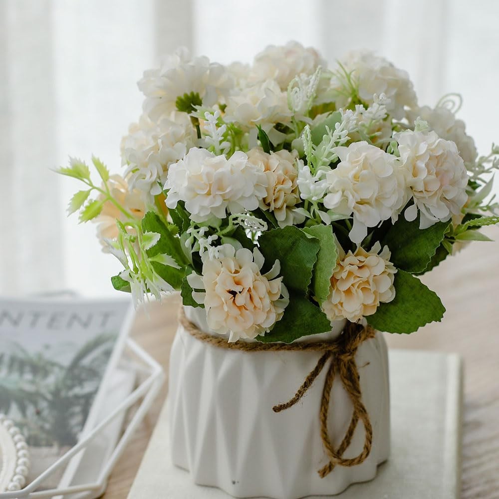 Fake Flowers Arrangement in Ceramic Vase, Artificial Faux Silk Hydrangea, Sma
