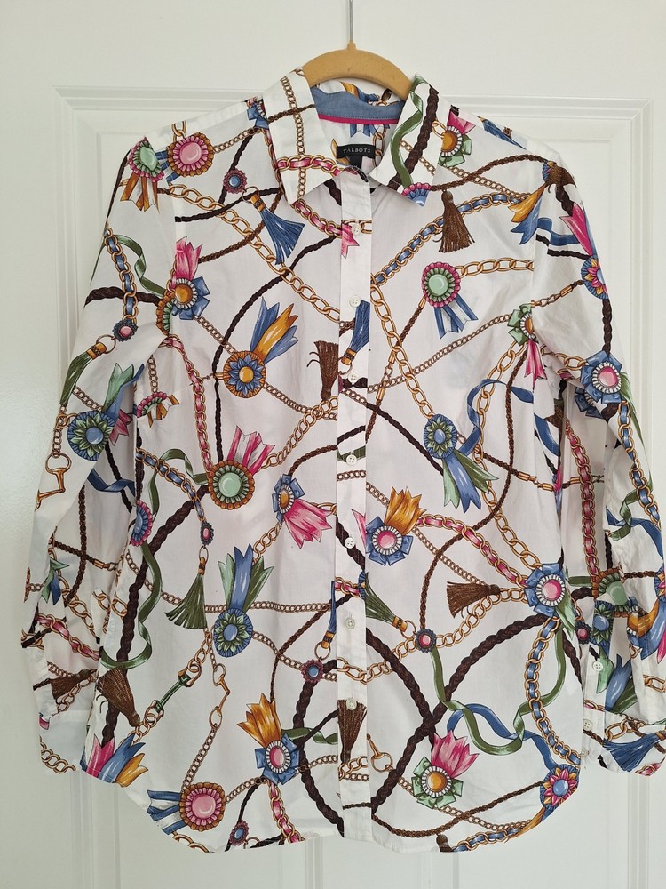 Talbots Button Up Long Sleeve White Chains Colorful Shirt Size M