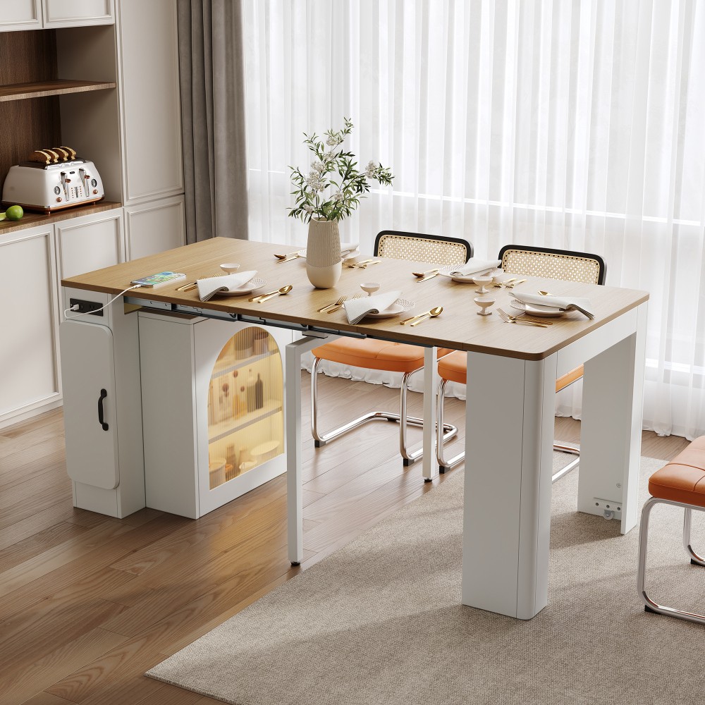 Expandable dining table W 3 detachable boards, power outlet, and storage cabinet