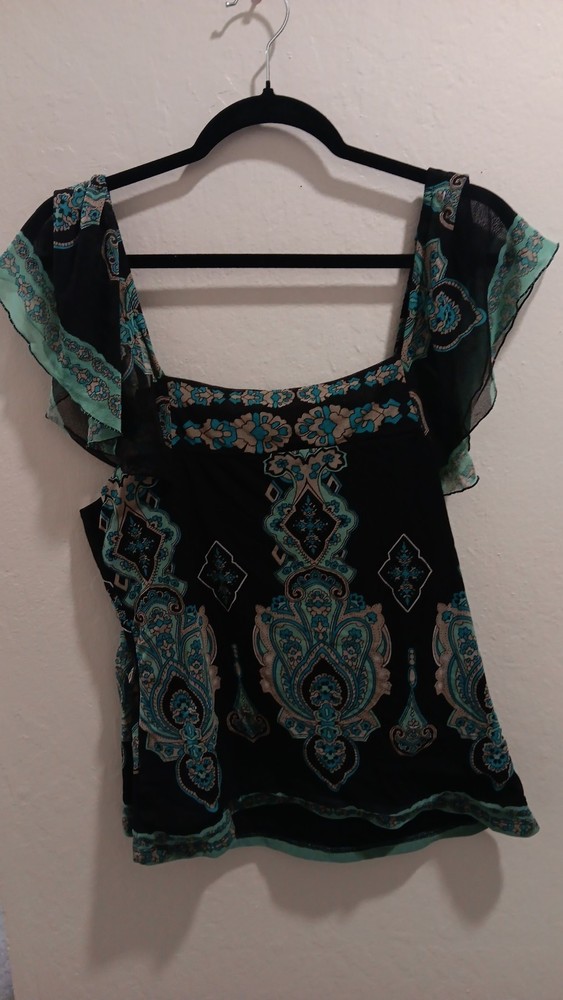 Women’s Black & Turquoise Paisley Square Neck Flutter Sleeve Blouse Size L