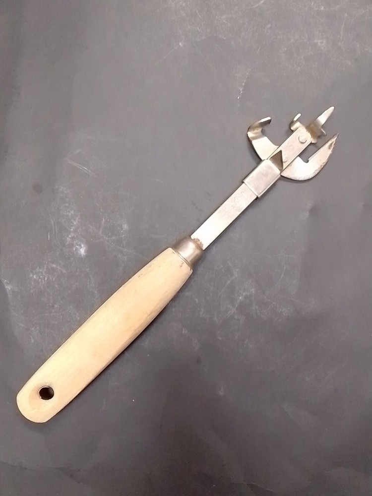 Vintage A&J Can Opener Tool Kitchen Utensil Steel Tempered USA wood handle Blade