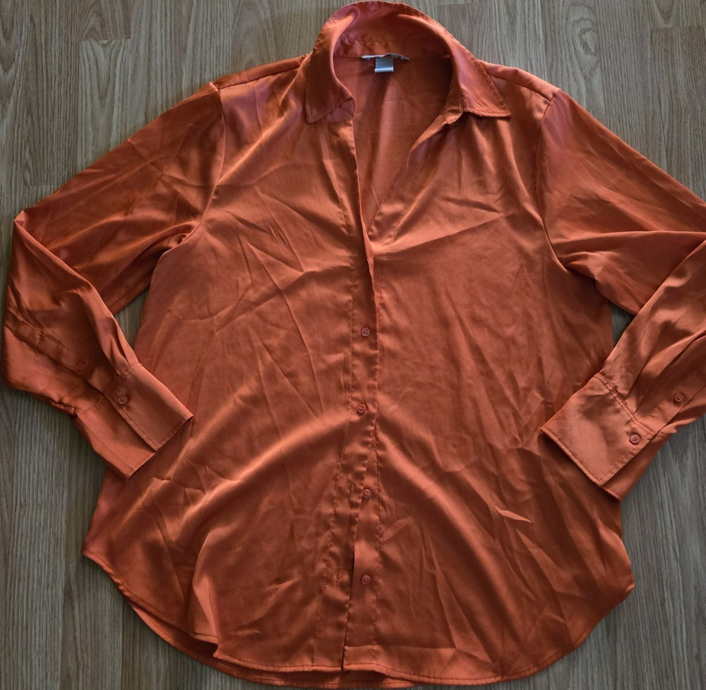 H&M Orange Collared Long Sleeve Button-Up Shirt Women's Size M