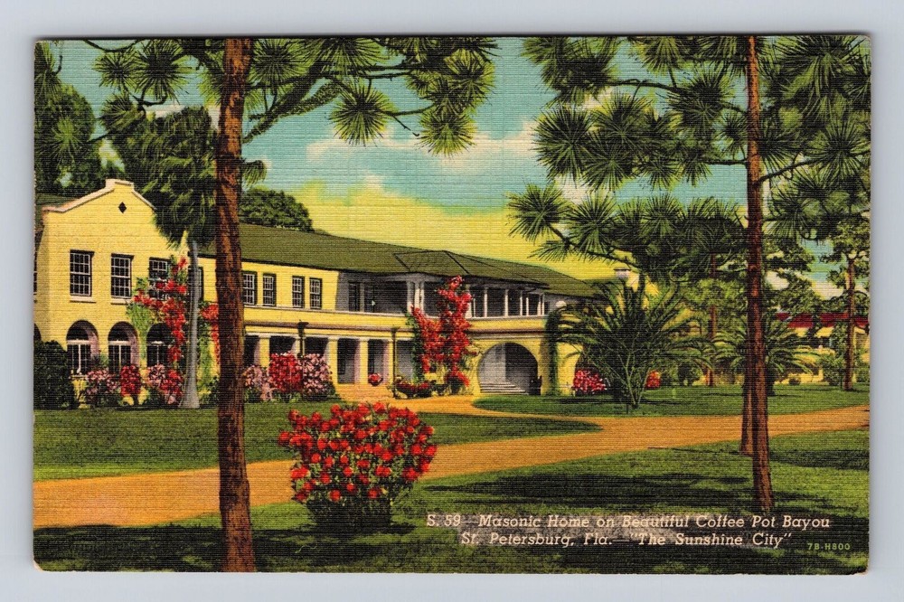 St Petersburg FL-Florida, Masonic Home, Coffee Pot Bayou, Vintage Postcard