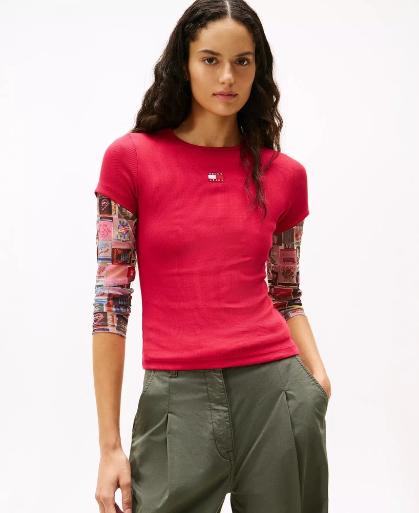 Tommy Jeans Women's Top Sz M Badge Logo Ribbed T-Shirt