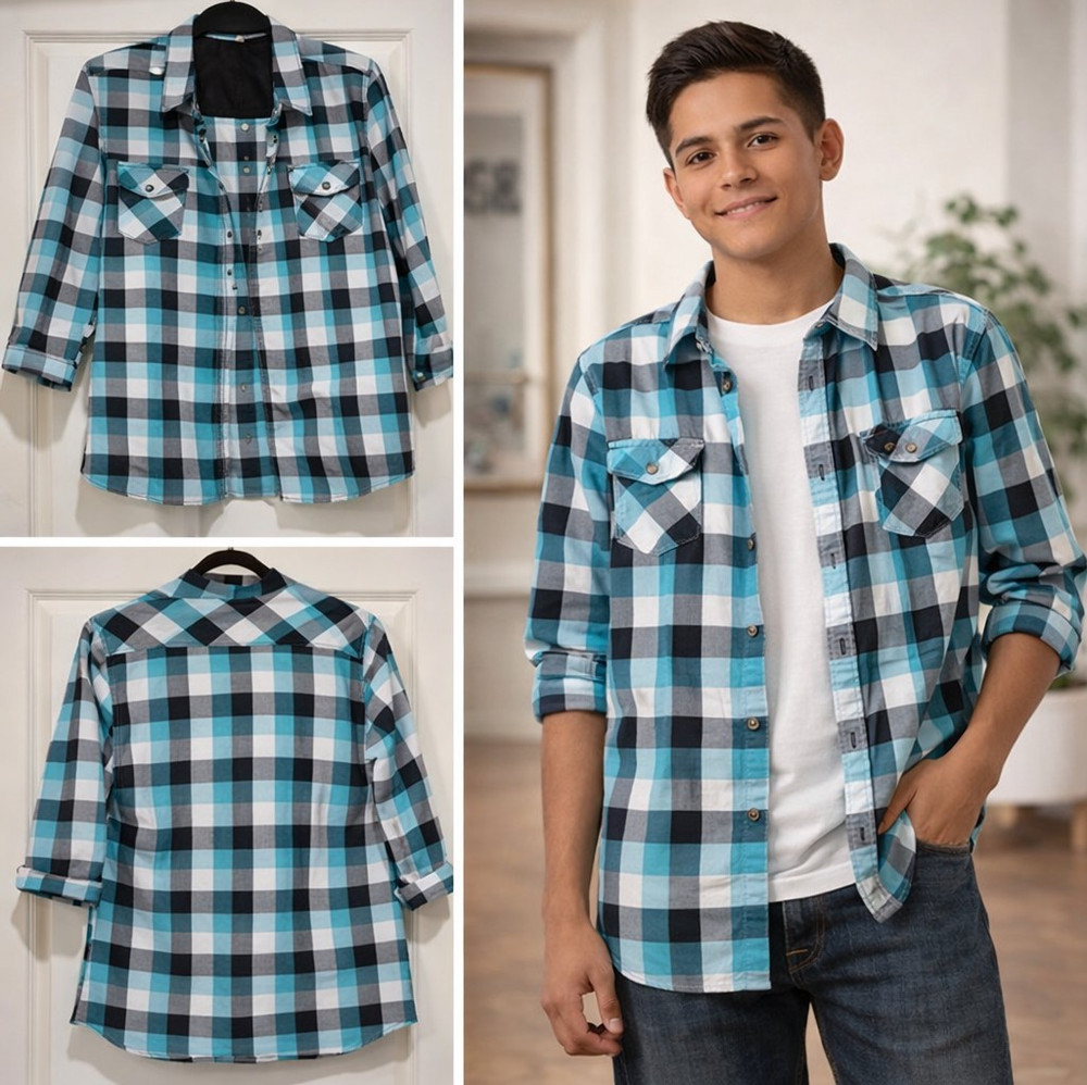 Teens M Plaid Long Sleeve Button-Up Shirt Blue Black White Cotton Point Collar