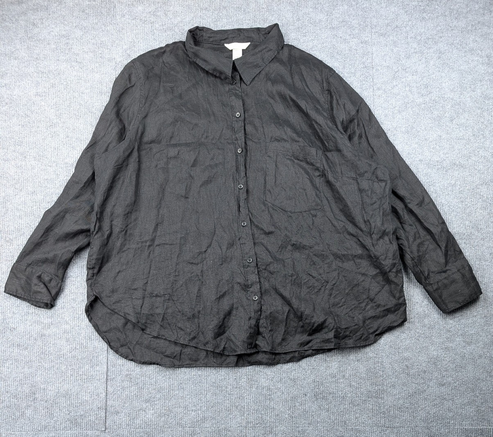 H&M Linen Button Up Shirt Womens XXL Black Coastal Layering Minimal Blouse Beach