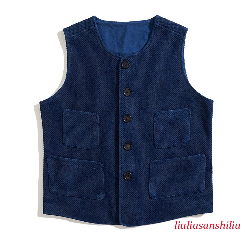 Vintage Men's Indigo Waistcoat Sashiko Blue Worker Retro Handmade Casual Vest