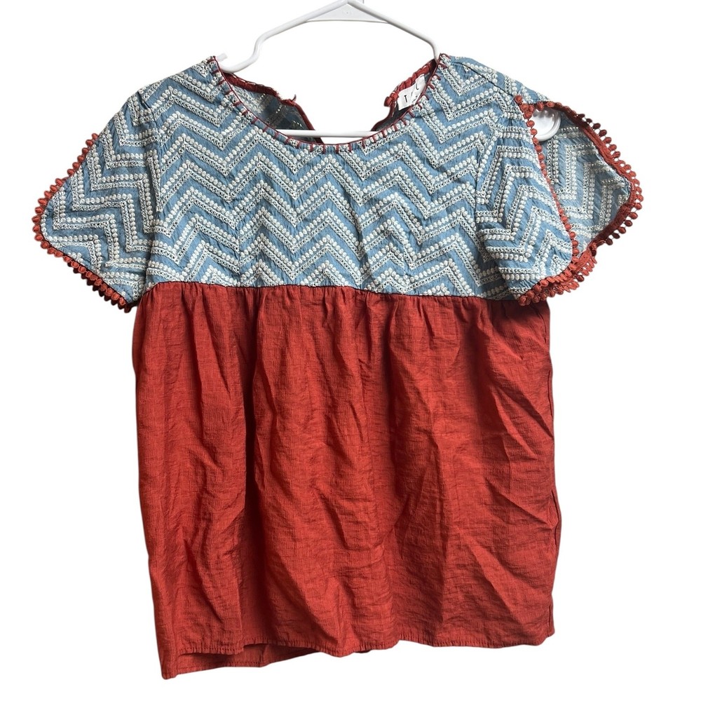 THML Anthropologie Boho Embroidered Peasant Blouse in Blue Copper with Split Sleeves XS