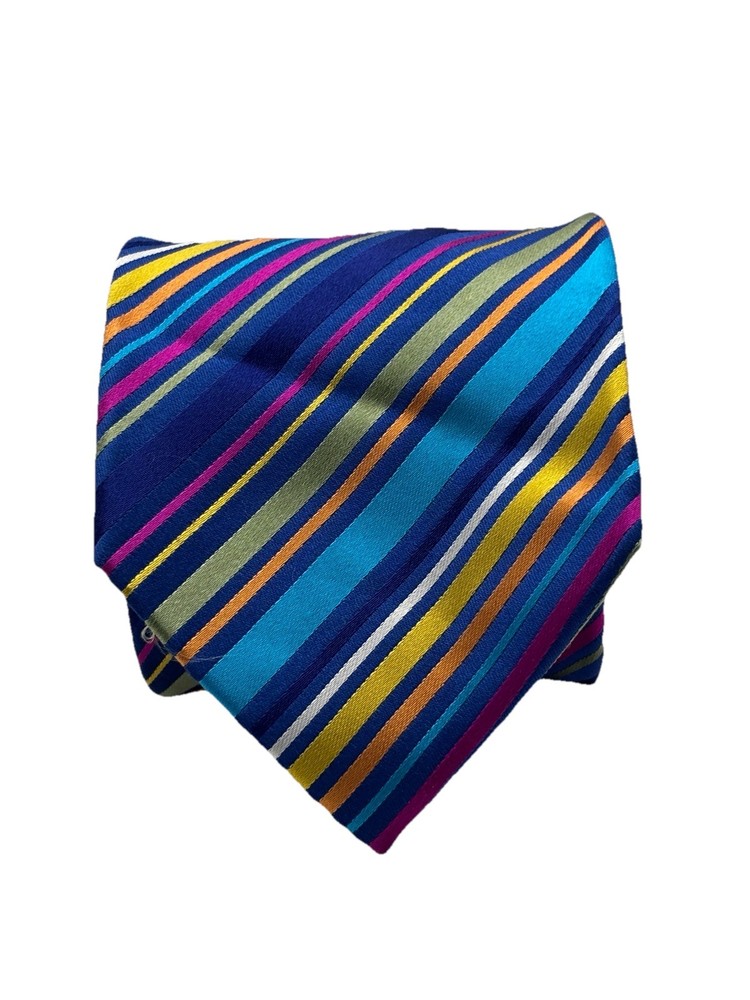 Paul Fredrick Men's Silk Tie Blue Striped Multi-Color Geometric Woven Necktie