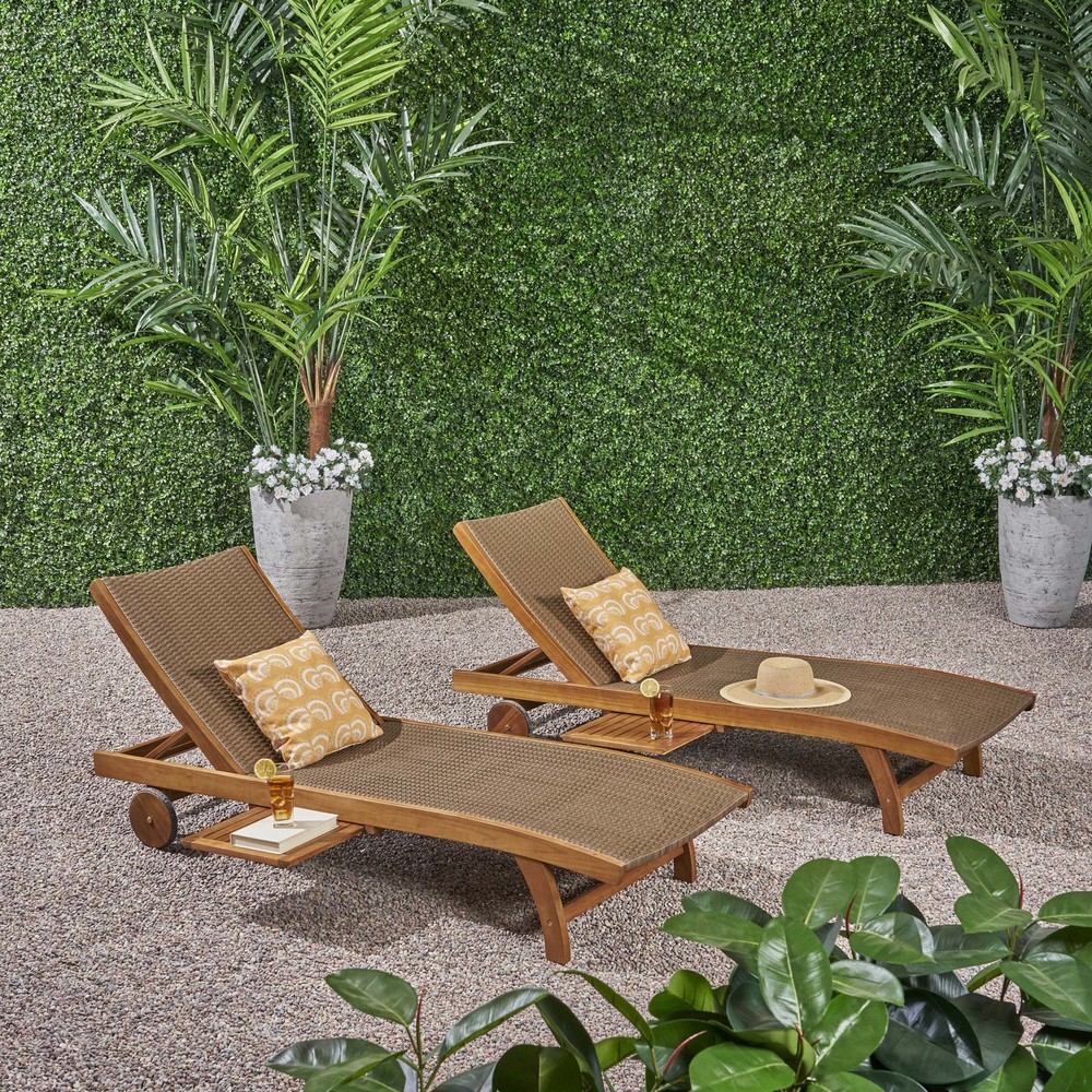 Banzai Chaise Lounge Set with 2 Outdoor Chairs and Pull-Out Tray