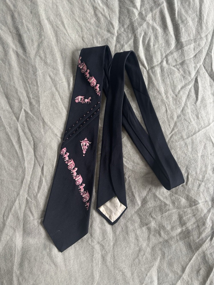 Vintage 1940s Hand Painted Rockabilly Black Mens Neck Tie western horse carriage