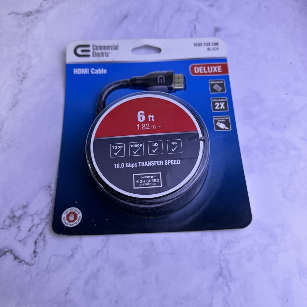 Commercial Electric 6ft NIB HDMI Cable Black Gold Plated 18GBps 4K