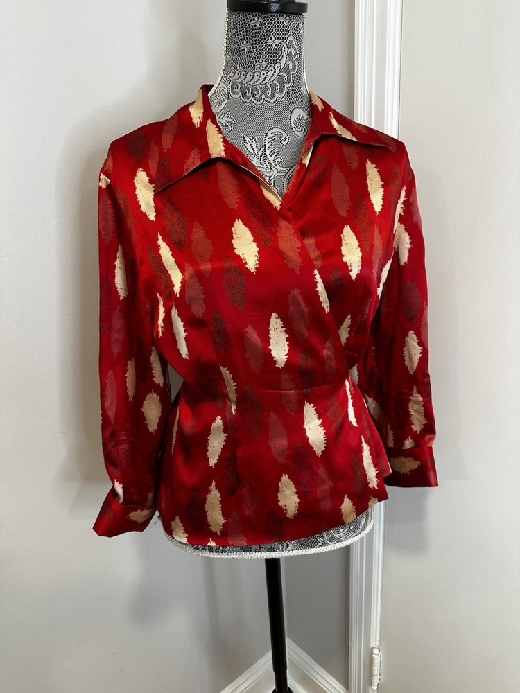 Vibrant Red Silk Wrap Tie Blouse with Abstract Feather Print and V-Neck Collar - Size Large