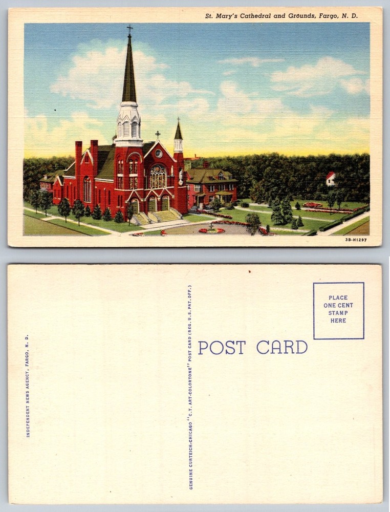 Vintage St. Mary's Cathedral Fargo ND Postcard Curteich Colortone 1940s Church