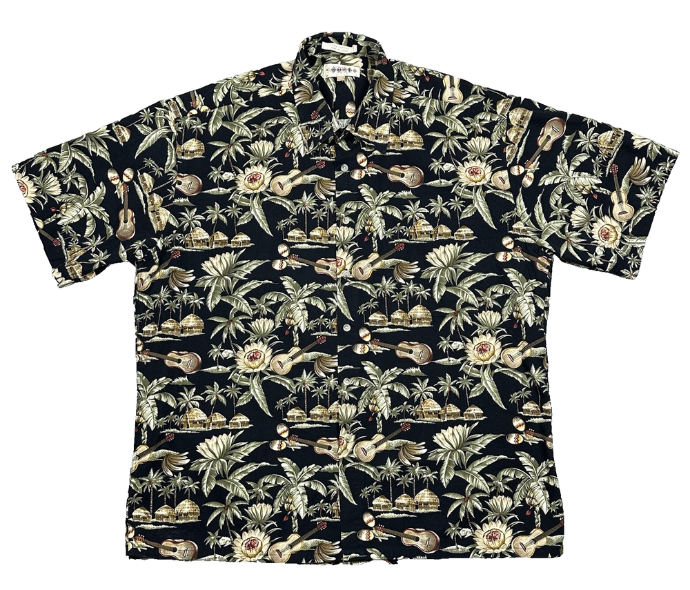 Vintage Campia Moda Shirt Mens XL Black Floral Button Up Short Sleeve Hawaiian