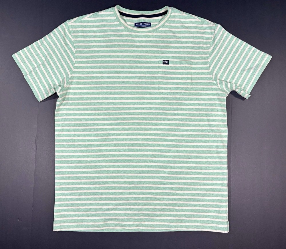 Fish Hippie Shirt Men’s M Green White Striped Cotton Pocket Short Sleeve Tee