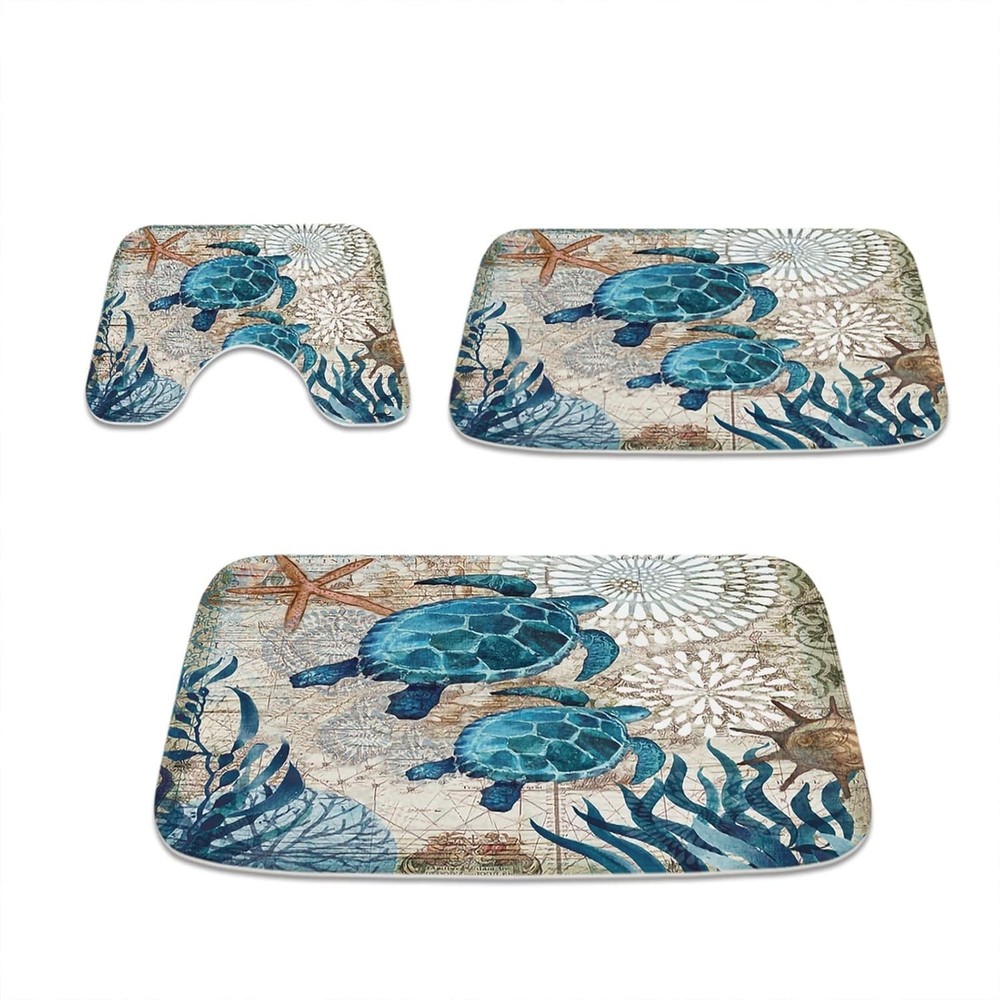 Nautical Sea Turtles Blue Ocean Beach Bathroom Rugs and Mats Sets 3 Piece, Memor