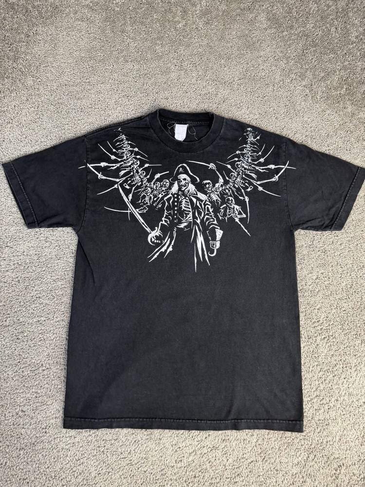 Pirate Skeleton Shirt Mens L Black Graphic Crew Neck Cotton Relaxed Fit