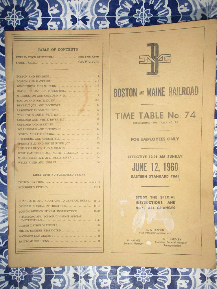 Boston and Maine Railroad Time Table No. 74 For 06/12/1960