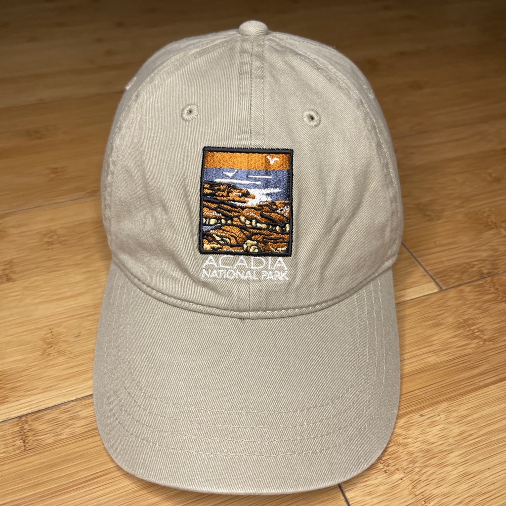 Vintage OC Acadia National Park Beige Khaki Brown Strapback Dad Hat Maine Nature-image