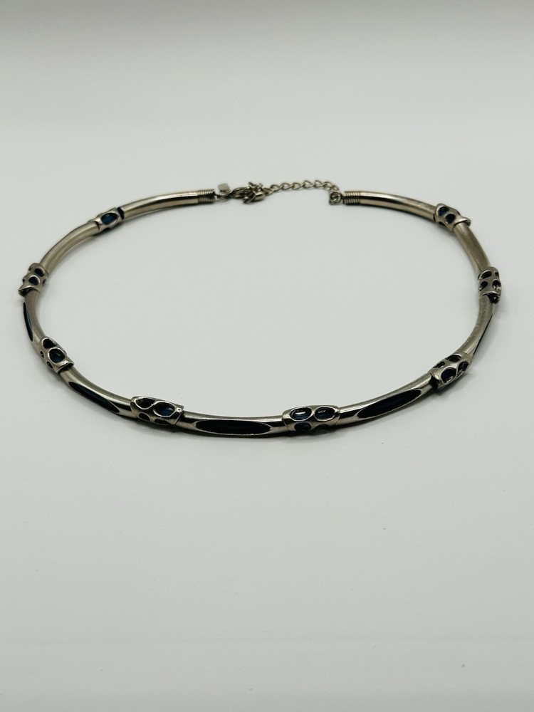 Vintage Silver Tone And Blue Metal Necklace Choker 14”. Made In Korea