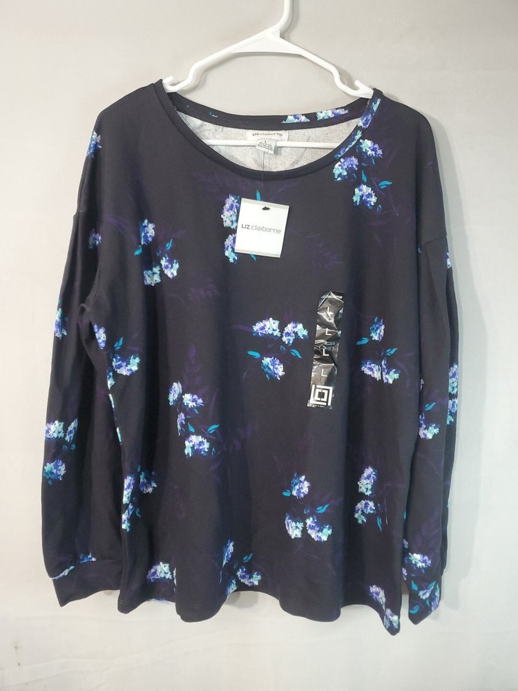 Liz Claiborne Sweater Women’s Size Large Pullover Blue Floral Long Sleeve