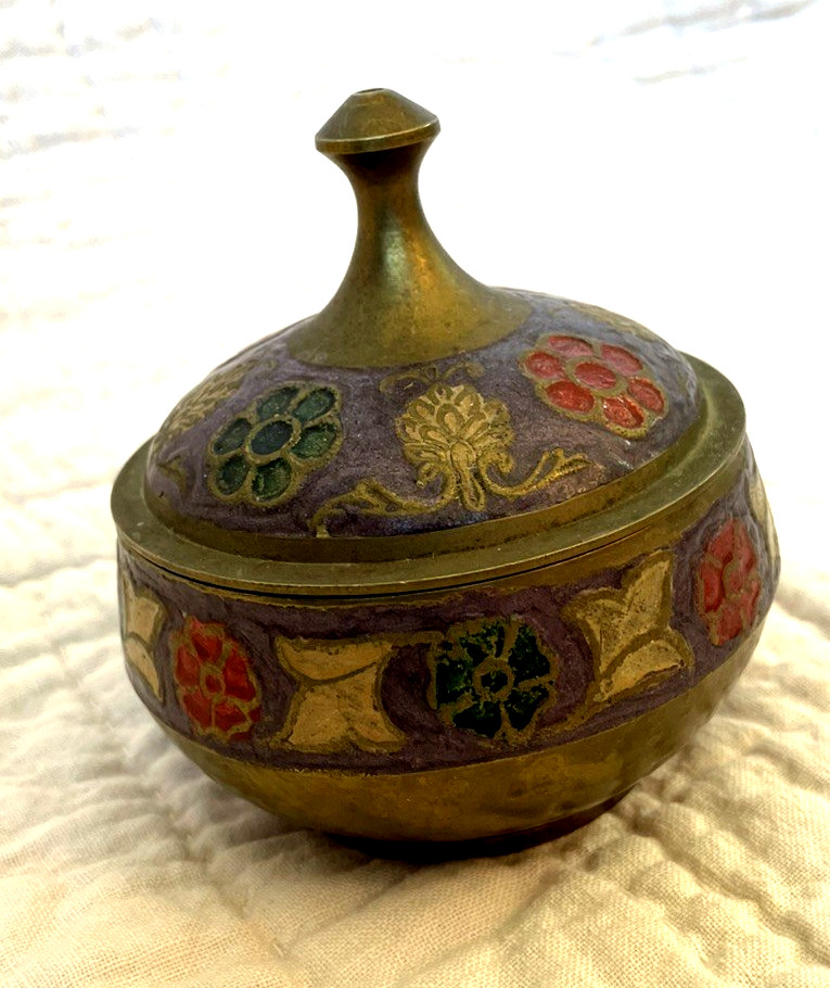 Vintage Floral Brass and Enamel Trinket Box, Made in India