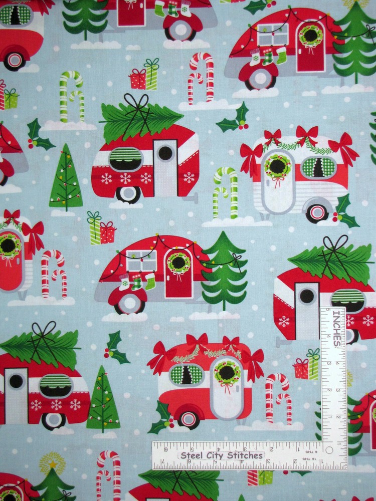 Christmas Camper Trailers Sky Cotton Fabric Benartex Kanvas Studio By The Yard