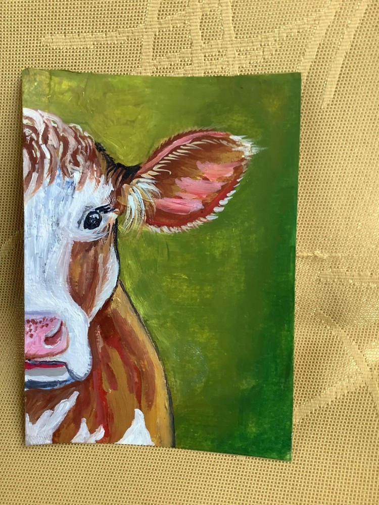 ACEO Original Painting Cow Whimsical Farm Animal Art Miniature OOAK Peeking