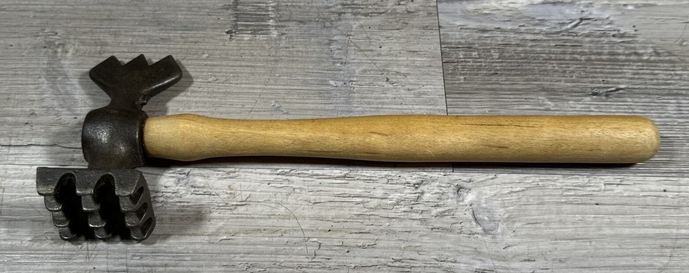 Vintage Meat Tenderizer Ice Bone Breaker Cast Iron Wood Handle Farmhouse Kitchen