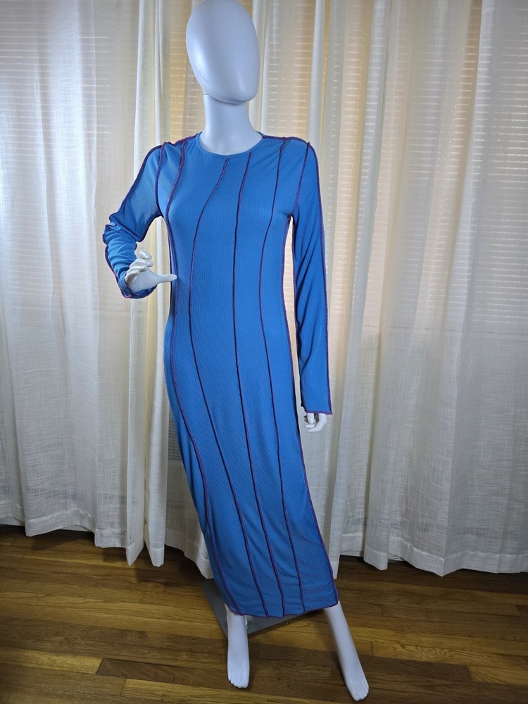 Womens Bright Blue Rib Asymmetric Seam Detail Long Sleeve Midi Dress Size 10