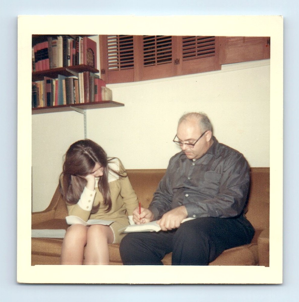 Old Vintage Square Color Photo MAN TEACHER LEGGY WOMAN STUDENT SNAPSHOT