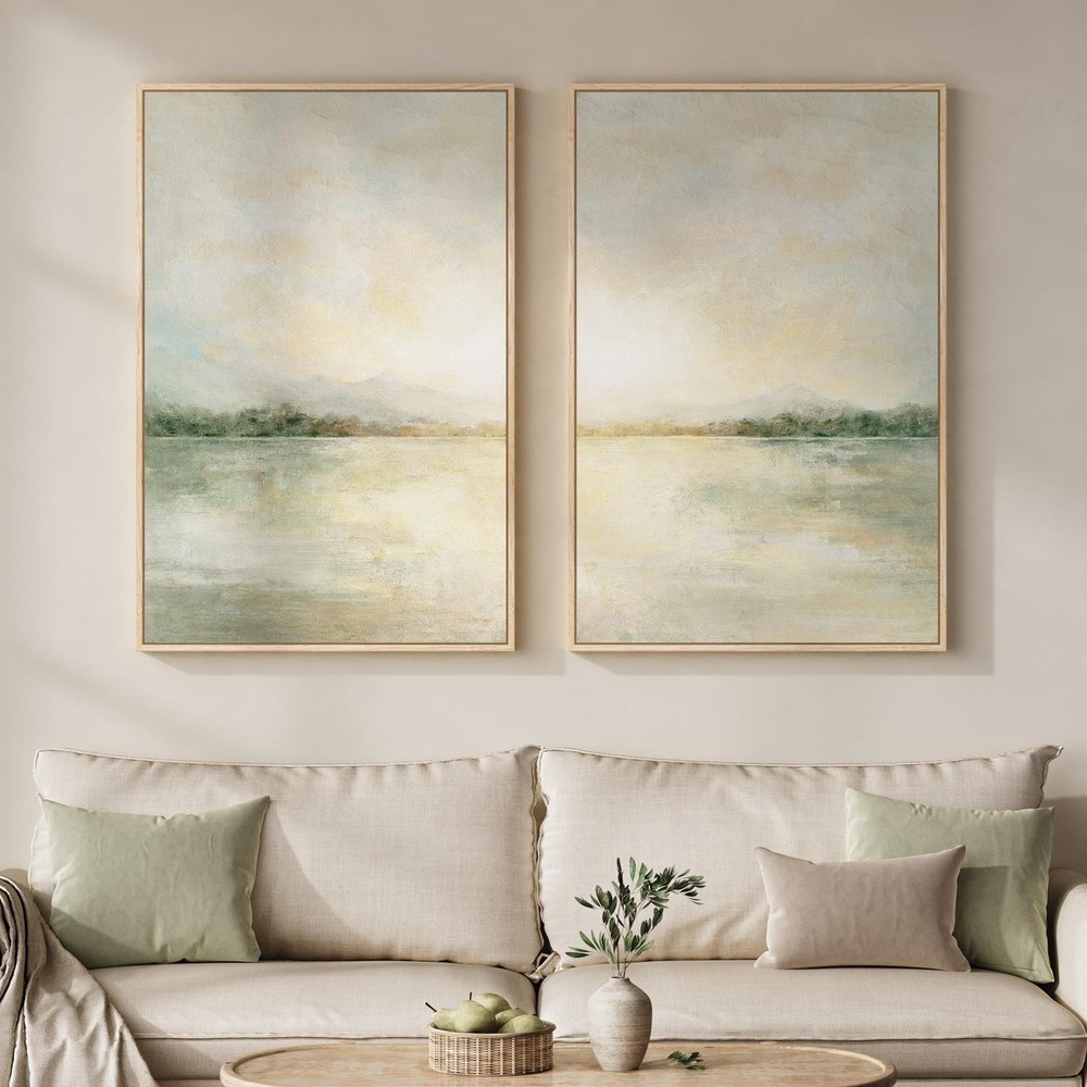 Framed Abstract Landscape Wall Art Set of 2 for Living Room, Large Sage Green...