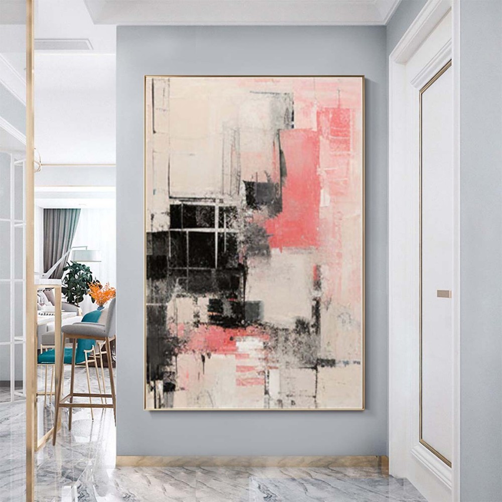 Hand-Painted Modern Abstract Oil Painting On Canvas Black Art Picture Home pink