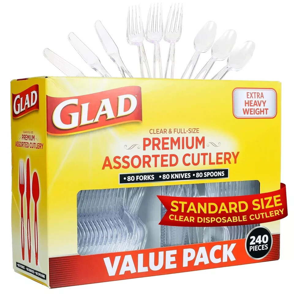 Glad 240-Piece Clear Plastic Cutlery Set with Forks Knives Spoons for Parties  