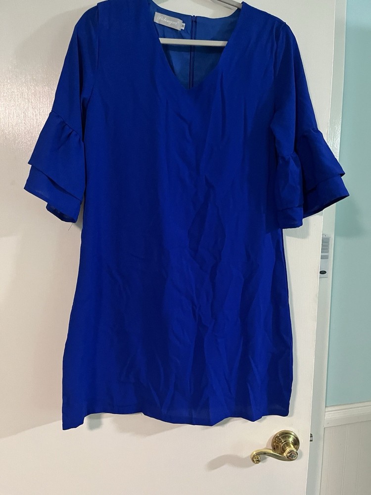 Womens Blue Solid Chiffon Polyester Blouse V-Neck Short Ruffle Sleeves
