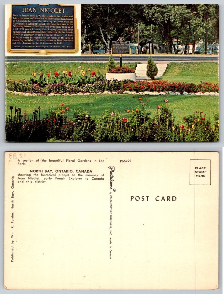 Jean Nicolet Plaque Lee Park North Bay Ontario Canada Postcard
