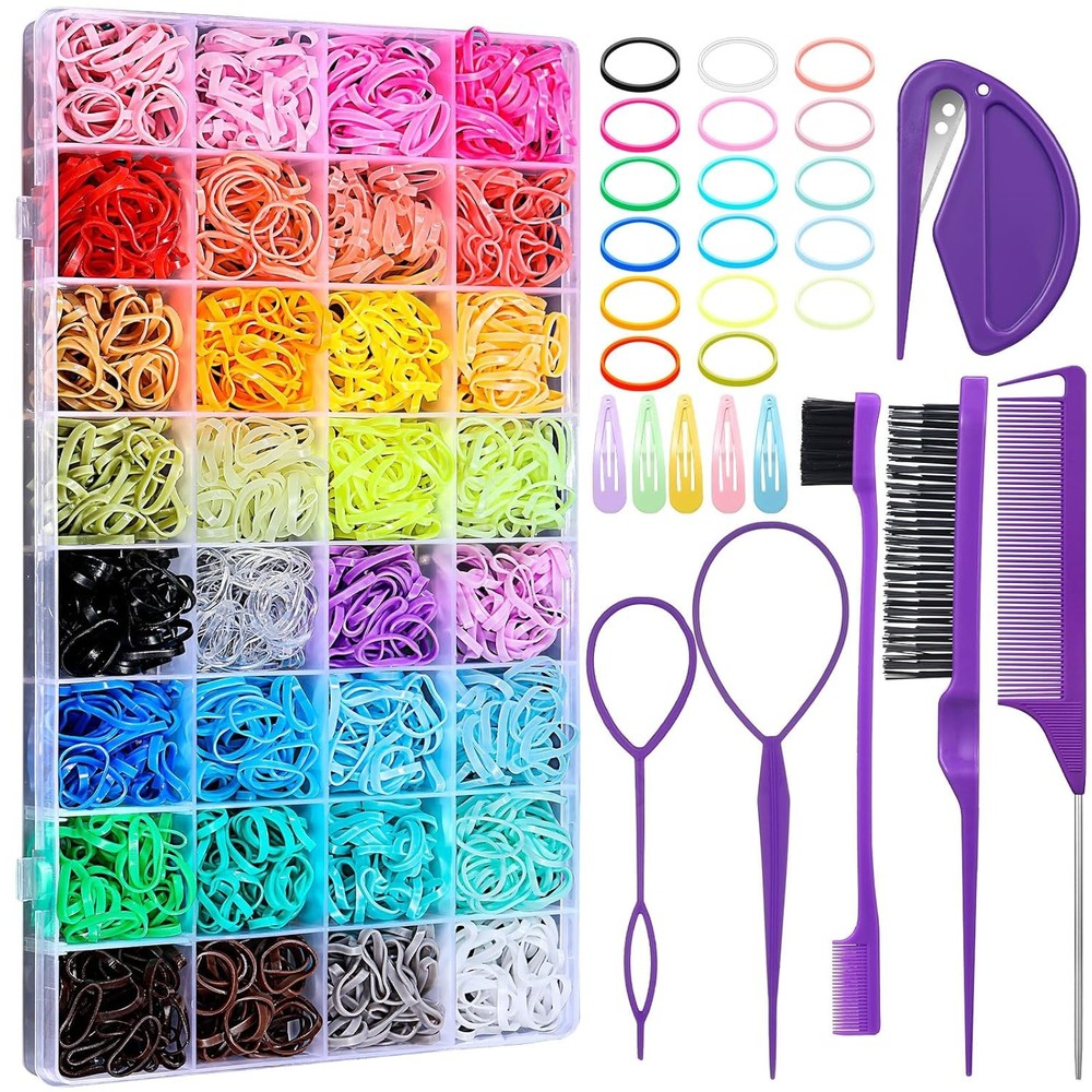 2000PCS Mini Hair Rubber Bands Set, 32 Colors Baby Girl Hair Ties with Styling