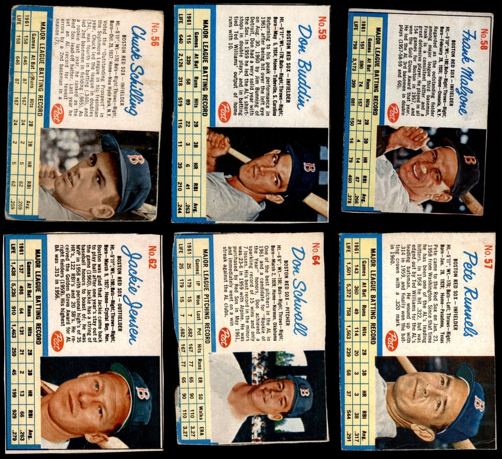 1962 Post Cereal Boston Red Sox Near Team Set 3 - VG 6619205 (6 / 9 cards)